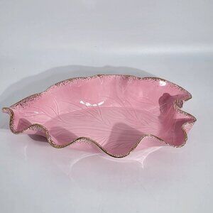 Large Pink Ceramic Ruffled Edge Leaf-Shaped Bowl with Gold Accents Marked 101 K